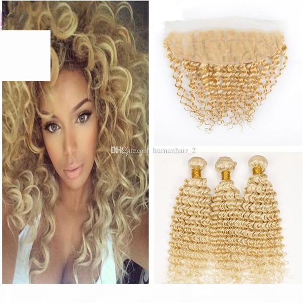 

deep wave blonde hair with lace frontal 13x4 blonde #613 bundles with frontal closure brazilian virgin human hair extension 4pcs lot, Black;brown