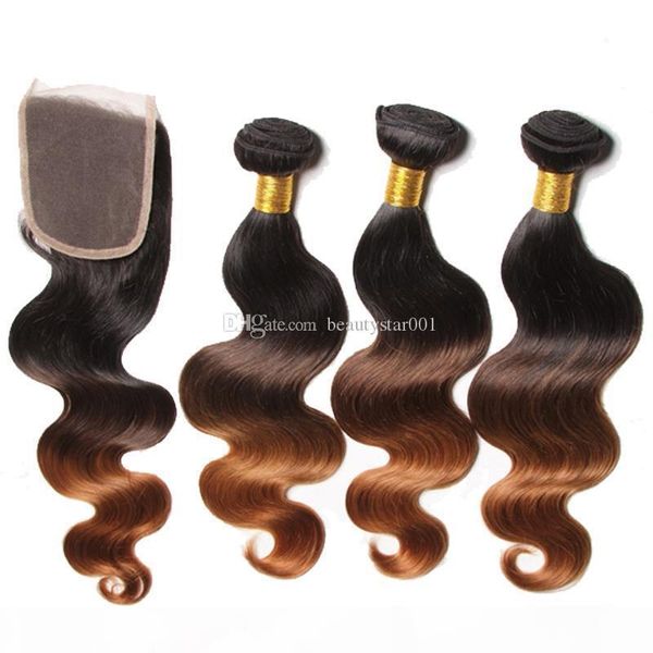 

ombre hair extensions 100% human hair bundles with closure brazilian hair weave bundles body wave 3 bundles with lace closure 1b 4 27 30, Black;brown