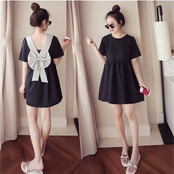 

summer korean back bow pregnant dresses party black dress loose maternity clothes dress high waist cute pregnancy women dress lj201123, White