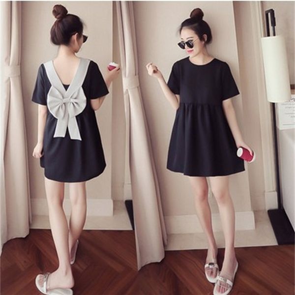 Sommer Koreanische Back Bow Schwangere Kleider Party Schwarzes Kleid Lose Mutterschaft Kleidung Kleid Hohe Taille Nette Schwangerschaft Frauen Kleid LJ201123