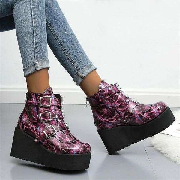 

new 2020 fashion winter metal buckle ankel boots women punk female platform boots wedges high heels pu women botas mujer, Black