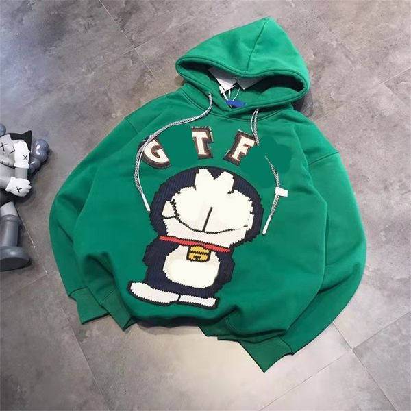 

embroidered patch big head casual loose terry double hat rope couple hooded new style sweater, Black