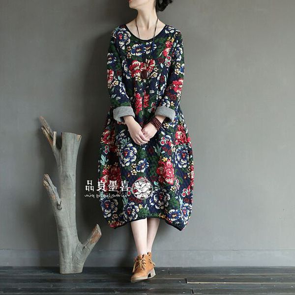 

autumn cotton and linen large, women's long sleeve dress, large wine