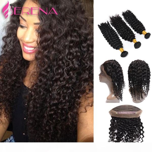 

brazilian deep curly wave 360 full lace frontal band with 4pcs bundles 7a ear to ear lace frontal with bundles natural hairline, Black;brown