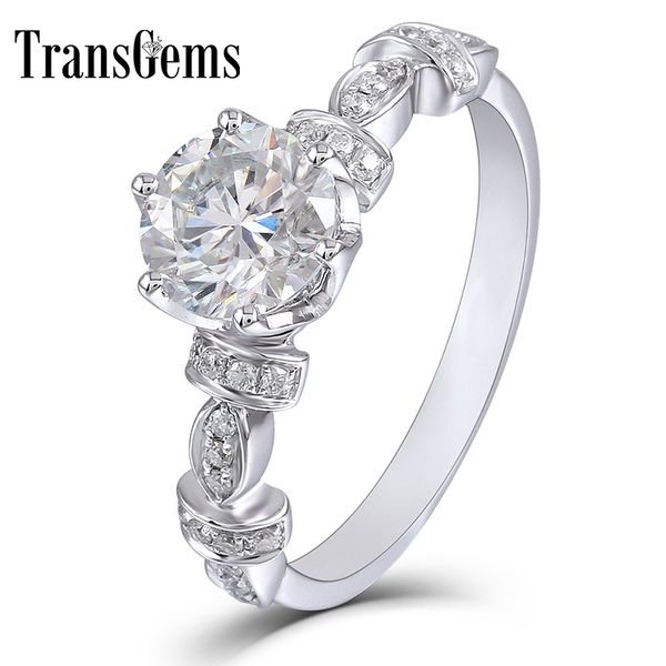 

transgems 14k white gold center 1 ct 6.5mm f color engagement ring dailywear ring with accents for women gift y200620, Slivery;golden