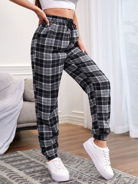 

plaid print slant pocket pants q8bq#, Black;white