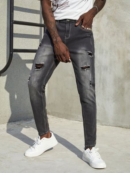 

men bleach wash ripped frayed cat scratch tapered jeans d4q1#, Blue