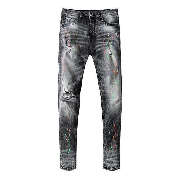 

new men's male trousers street fashion black gray ripped jeans ink-splashing stretch slim-fit trousers high-end denim pants1, Blue