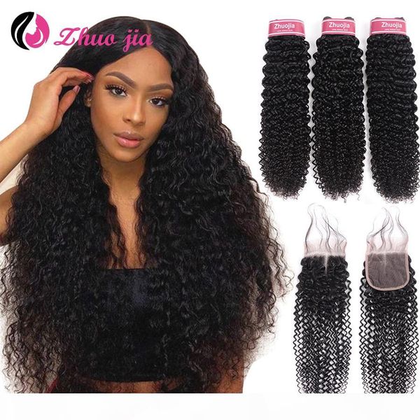 

zhuo jia brazilian hair curly 3 bundles with 4x4 lace closure natural for women human hair bundle remy bundles with closure, Black;brown
