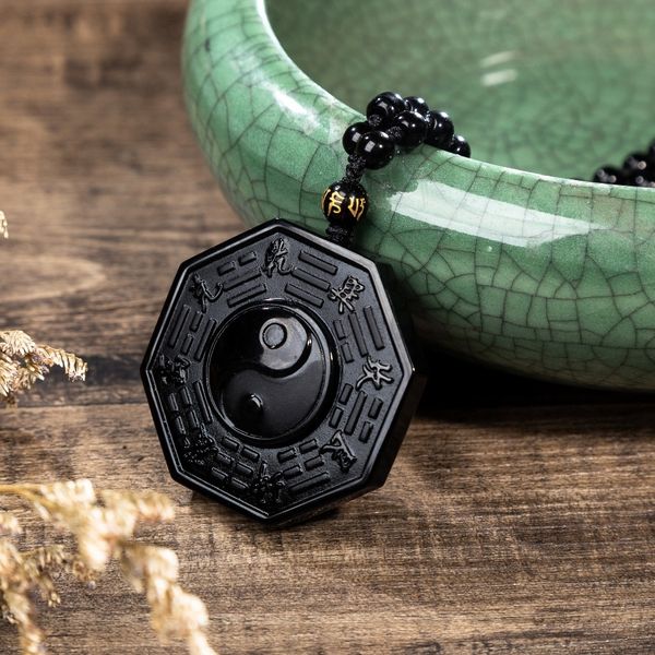 

ying yang bagua obsidian pendant necklace stones beaded knotted chains adjustable v191031, Silver