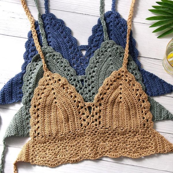 

new bikini crop women crochet boho beach camisoles bikini bralette halter cami knitted bra backless beachwear tank, White
