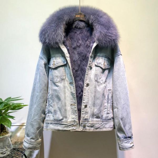 

women's fur & faux real collar thicker warm denim jacket female winter liner detachable diamond beading coat f2064, Black