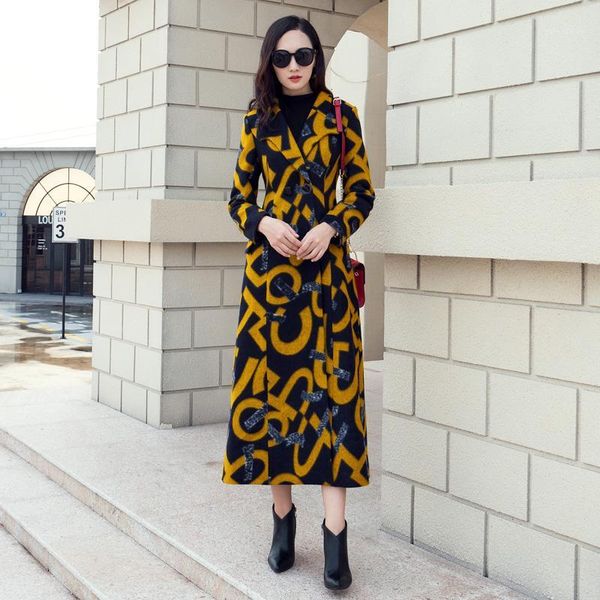 

2019 woolen coats fashion winter coat women long wool blends coat female vintage printing over size manteau femme1, Black