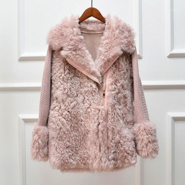 

winter fashion style women's real lamb wool fur jacket knitted coat natural fur overcoat s74811, Black