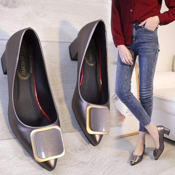 

new fashion pointed toe women shoes square buckle ladies shoes woman pumps slip on shallow mouth thick high heels casual, Black