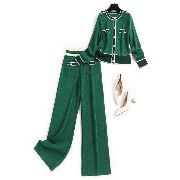 

2020 fall winter long sleeve round neck green knitted panelled cardigans sweater + pockets long pants two piece suits 2 pieces set oo3015809, White