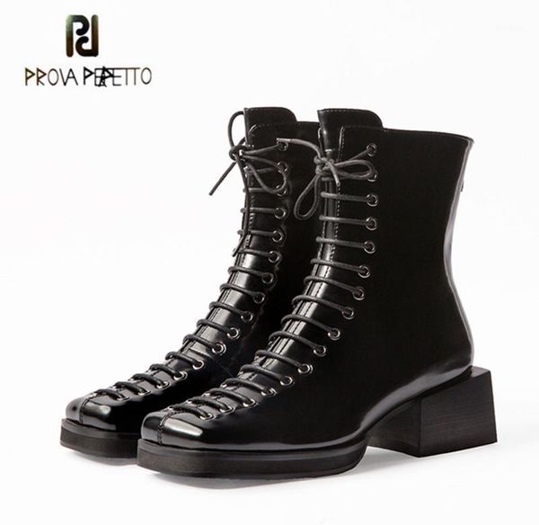 

prova perfetto winter short boots women chunky heel leather square toe rear zipper lace-up black plush botas feminina fashion1