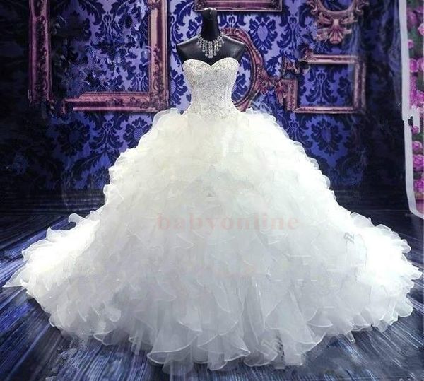 

luxury beaded embroidery ball gown wedding dresses princess gown corset sweetheart organza ruffles cathedral train bridal gowns cheap, White