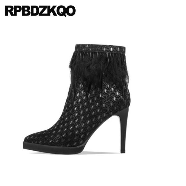 

boots shoes ankle stiletto sheepskin pointed toe brand women winter genuine leather suede 2021 black fur heel warm