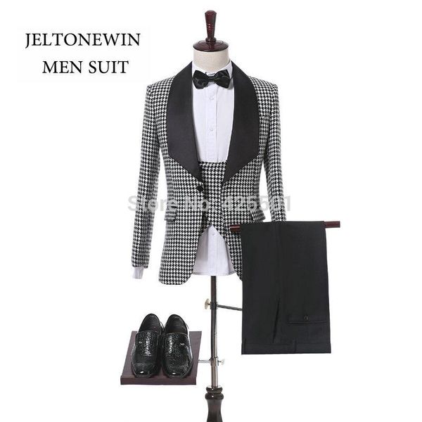 

new design houndstooth wedding men suit casual fashion 3 pieces one button tuxedo prom slim fit suit jacket blazers with pants, White;black
