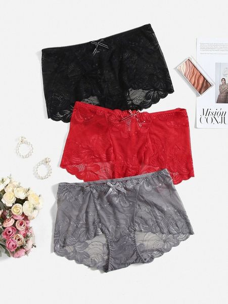 

3pack plus floral lace bow decor panty set v07n#, Black;white