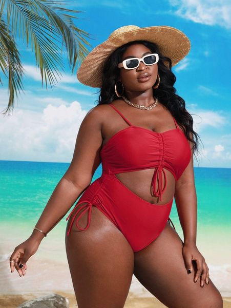 

plus cut out drawstring detail one piece swimsuit t2b1#, Black
