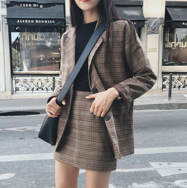 

2021 retro plaid blazer set single-breasted jacket & pencil skirt 2 pieces skirt suit female office ladies blazer suit1, White