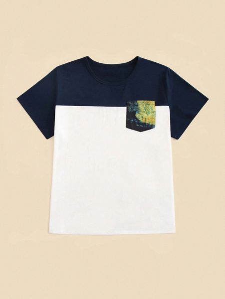 

men 1pc color block pocket patched tee u2wm#, White;black