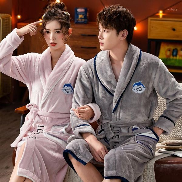 

new couple flannel robe winter warm sleepwear casual kimono gown lovers coral fleece nightwear loose bathrobe gown home wear1, Black;red