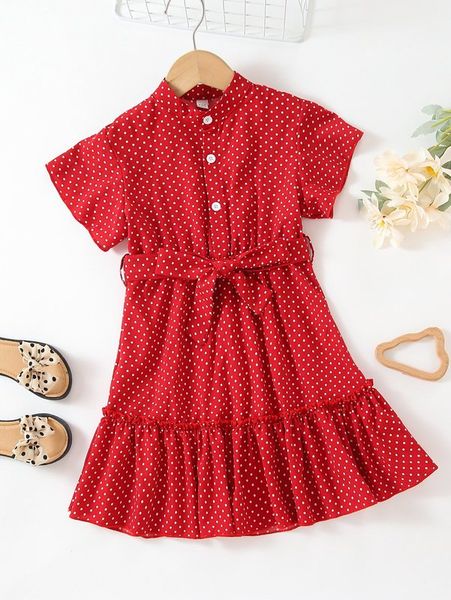 

girls polka dot half button ruffle hem belted dress she, Red;yellow