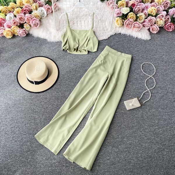 

camisole crop + wide leg pants female outfits new 2020 summer fashion ladies solid casual two piece set korean clothes1, White