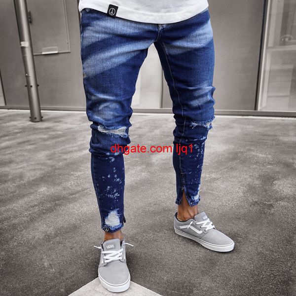 

perforated jeans men's leggings with paint zipper and slim fit jeans, Blue