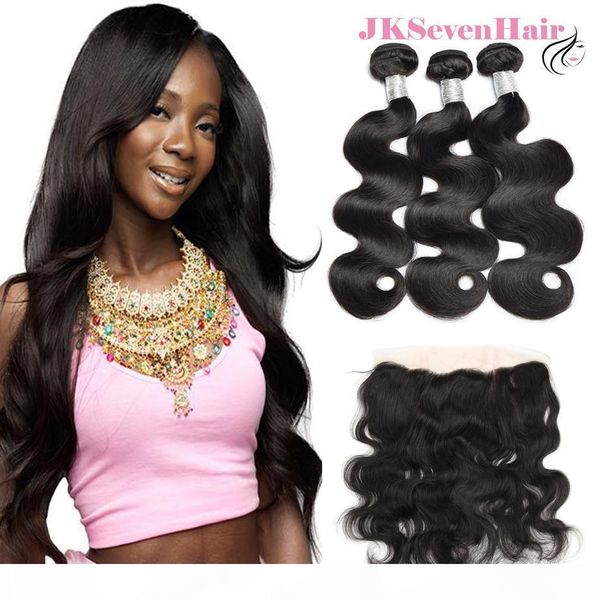 

3pcs with 13x4inch lace frontal 10a grade virgin brazilian hair extensions body wave malaysian peruvian vietnam remy hair wefts, Black