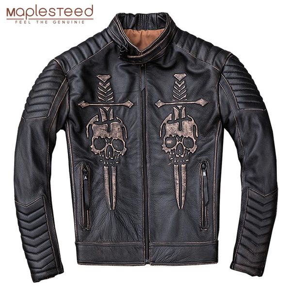 

maplesteed vintage distressed motorcycle jacket men skull 100% calf skin slim fit leather jacket man moto biker coat winter m203, Black