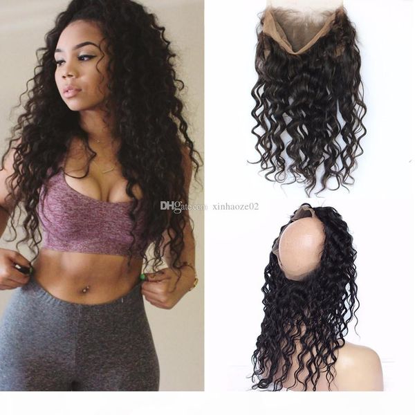 

ear to ear lace frontal with band hair malaysian human hair 360 band lace frontal closure deep wave full frontal 360 lace closure, Black;brown
