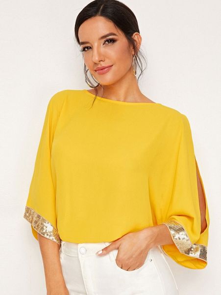 

split sleeve contrast sequin a6zz#, White
