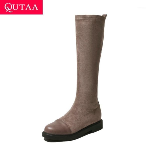 

boots qutaa 2021 knee high women autumn winter round toe all match ladies shoes pu stretch flock square heel long boot size34-431, Black