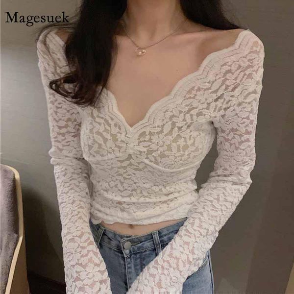 

wave shape v-neck 2020 autumn winter new base blouse women sweet hollow lace slim all-match expose clavicle white 12255