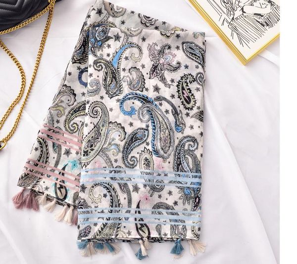 

scarves 2021 paisley print tassel and shawls soft viscose floral pattern wrap scarf hijab 2 color, Blue;gray