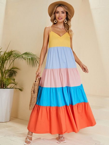 

colorblock ruffle hem cami dress 22j9#, Black;gray