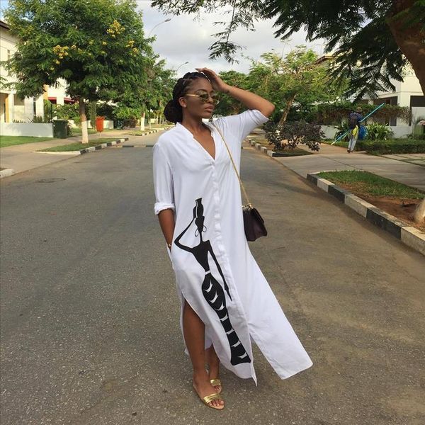 

2021 european and american womens autumn new fashion temperament casual long sleeved printing v neck split long shirt dress, White