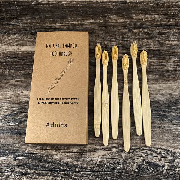 

6pcs pack bamboo toothbrush kraft packaging natural flat handle biodegradable travel disposable eco-friendly l bath supplies