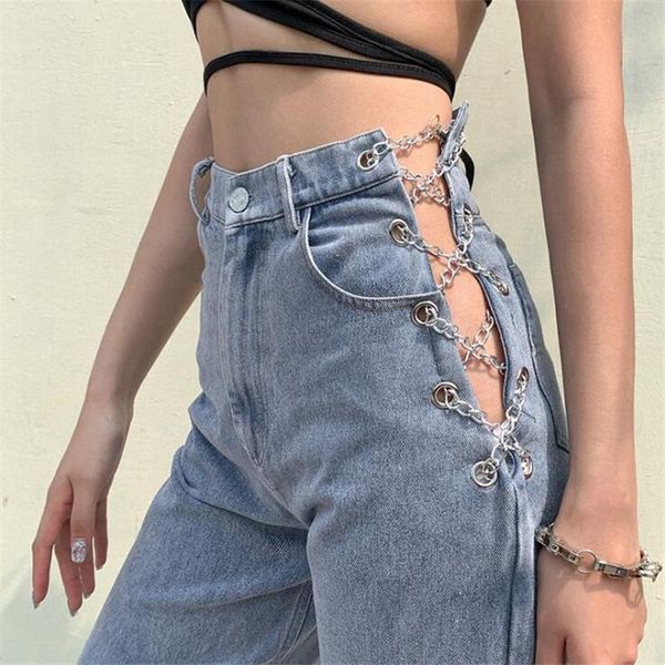 

link chain jeans women 2020 vintage fashion hollow out high waisted jeans femme denim loose ladies pants jean, Blue