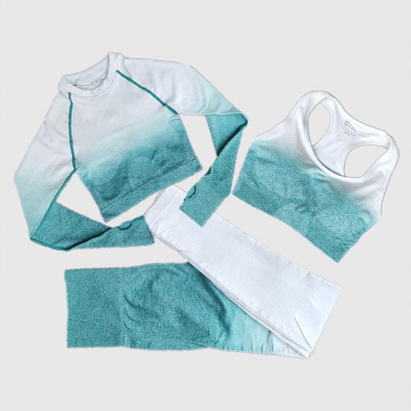 

women yoga set gym ombre gradient seamless high waist leggings+long sleeve + bra workout sport suit women fitness set wmtigs xhlove