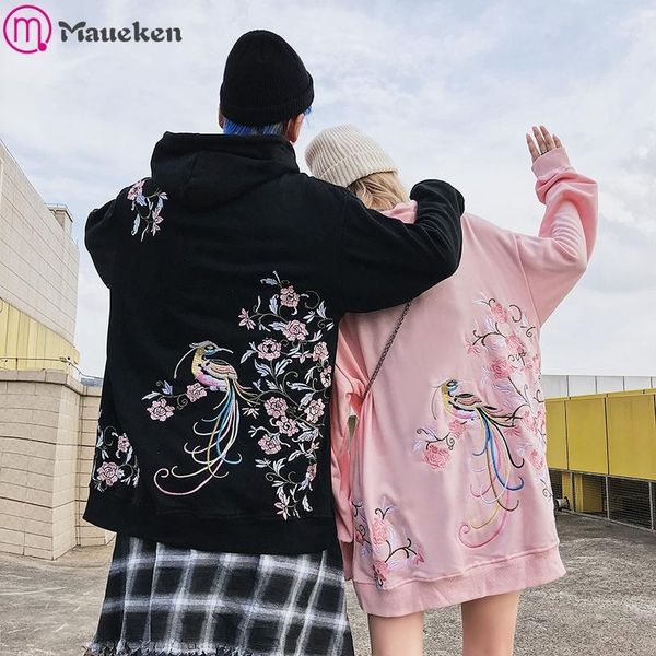 

men women hip hop hoodie streetwear embroidery floral bird hoodie sweatshirt cotton harajuku japanese hooded pullover 20191, Black
