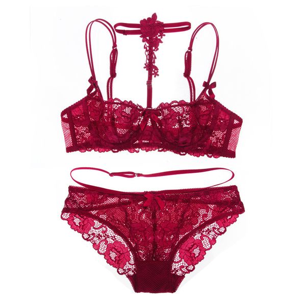 

special price bandage french style fun lace flower hanging neck bra suit underwear, Red;black