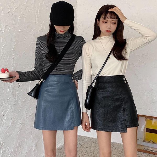 

women 2021 autumn winter pu leather irregular skirts lady high waist slim faux leather skirts female a-line casual mni skirt c901, Black