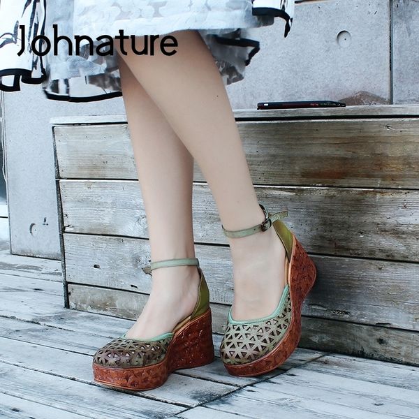 

johnature high heel sandals 2020 new spring summer genuine leather women shoes retro wedges buckle strap casual ladies sandals t200628, Black