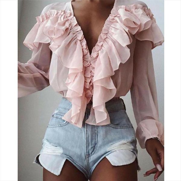

trendy women clothes solid deep v neck ruffle transparent t shirts polyester casual long sleeve loose one pieces, White