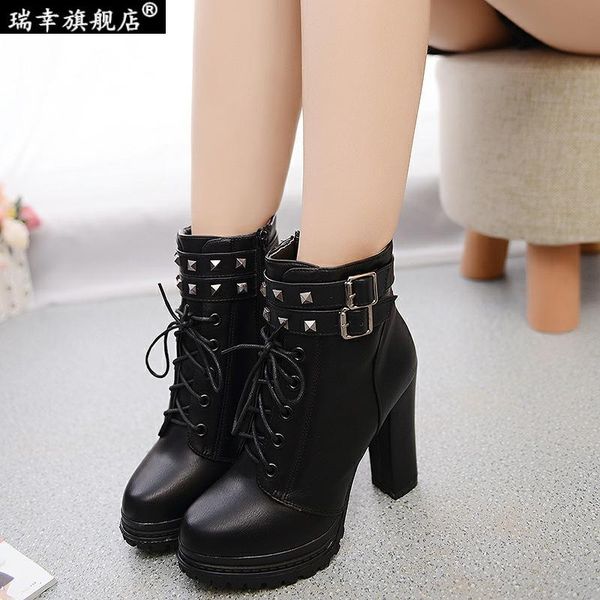 

round-toe large rims women's shoes spring high heel shoes chunky-heel lace-up martin boots women's b lady -40, Black